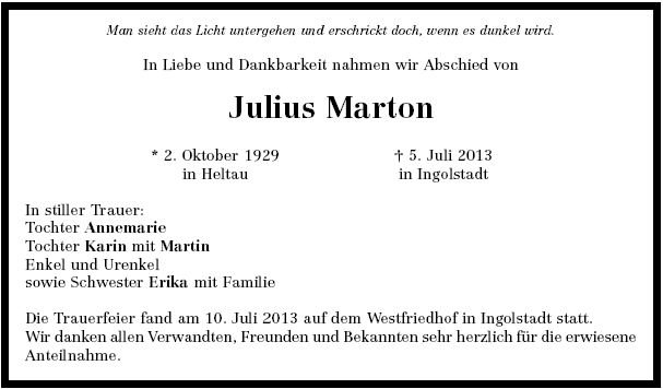 Marton Julius 1929-2013 Todesanzeige